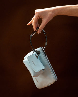 #colour_sky-gunmetal,Mini Utility Case shown with Petite Pouch (Nappa Leather) in Sky/Gunmetal, Mini Connector Clip and Grande Carabiner in Gunmetal